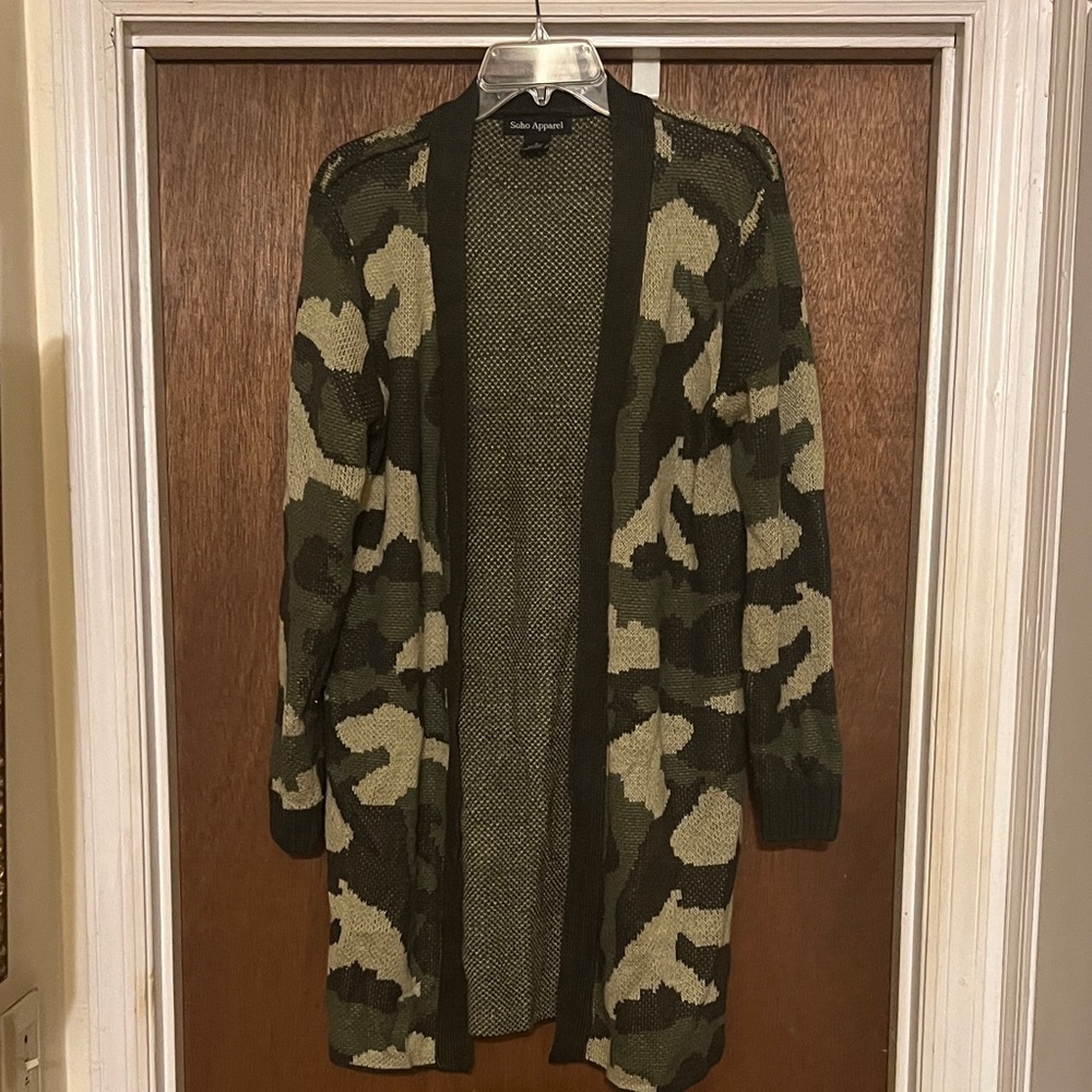 Soho Apparel Green and Tan Camouflage Cardigan​